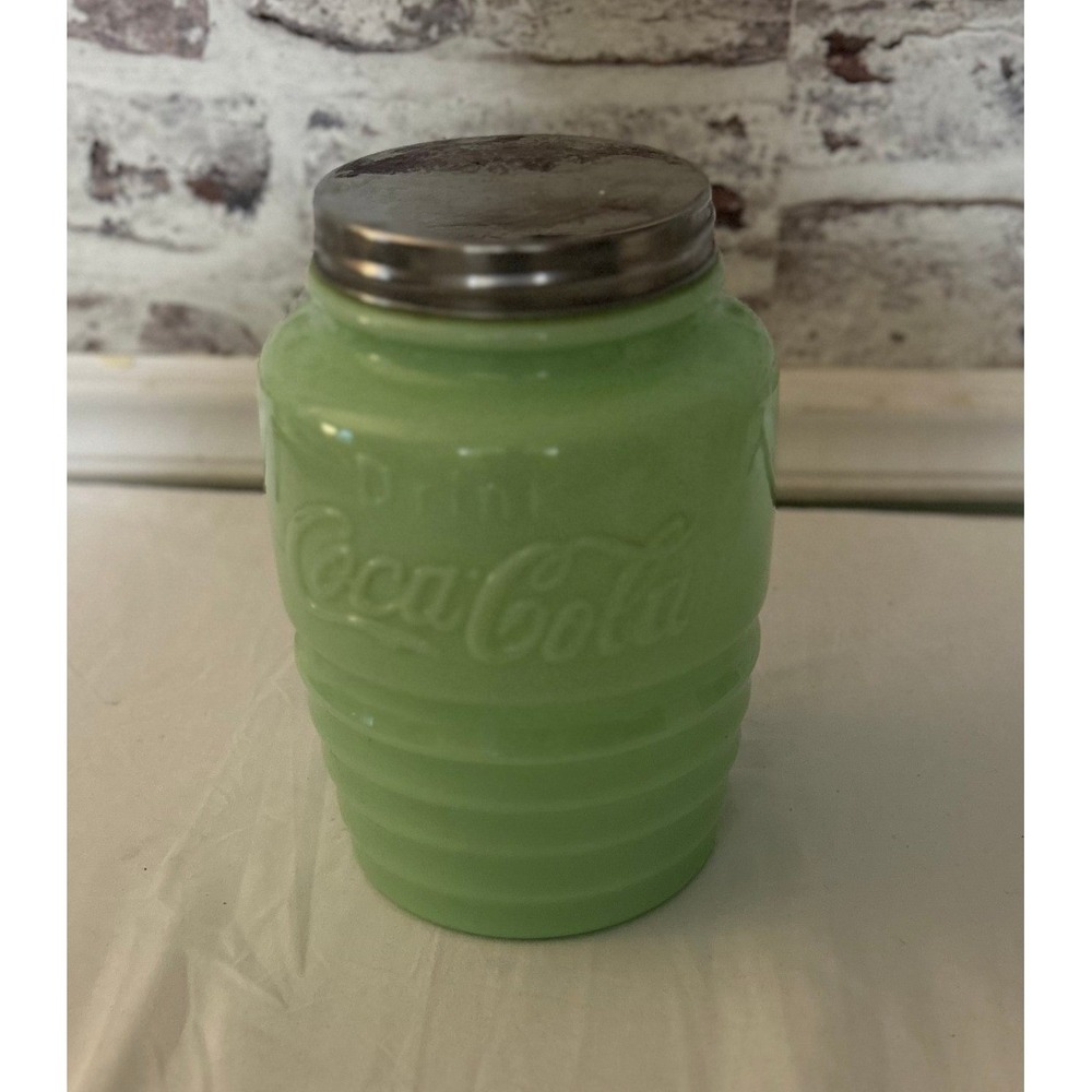 Vintage Style Coca-Cola Jadeite Green Ribbed Glass Cookie Jar w/ Metal Lid